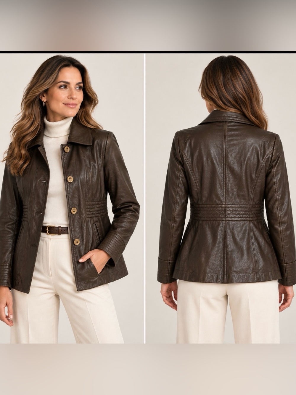 Jones New York Dark Brown Leather Coat Jacket Brass Buttons Women’s Medium